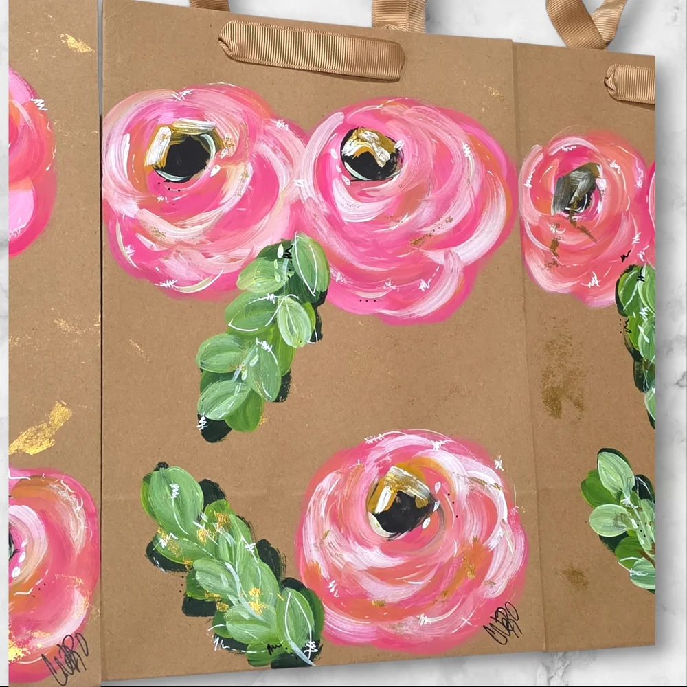 Set Of Three Gift Bags Hand Painted Hand Crafted Pink Floral C64
